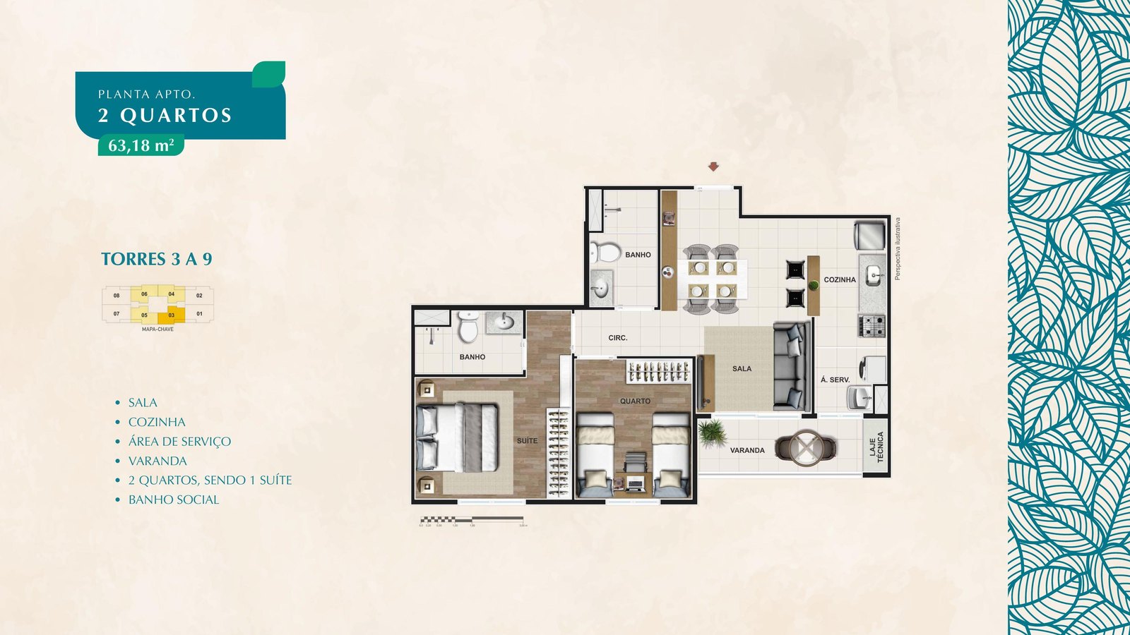 Planta 2 quartos — 63,18 m²