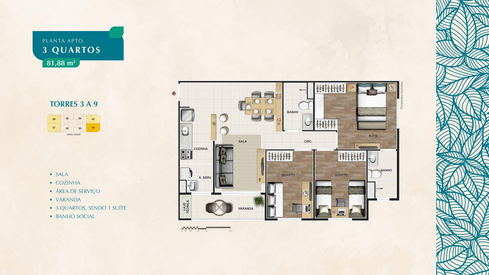 Planta 3 quartos — 81,88 m²